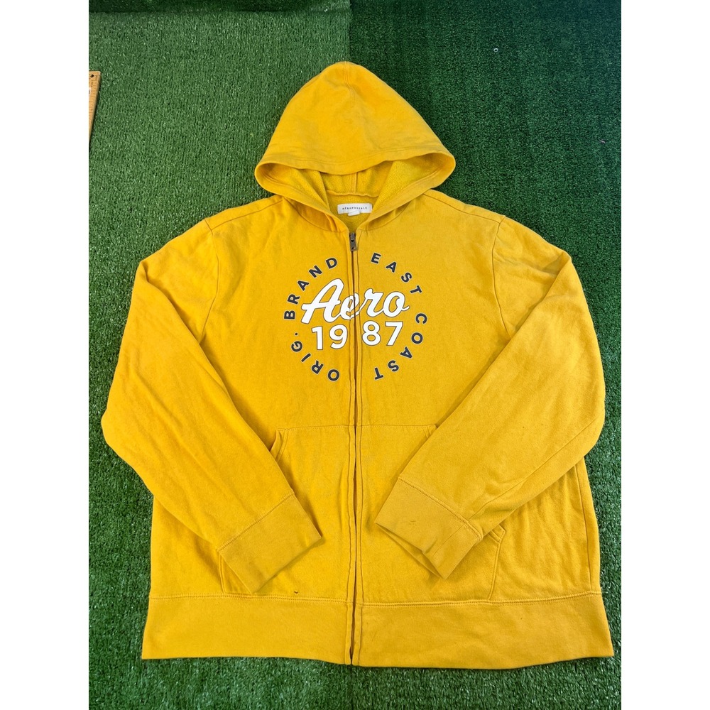Aeropostale Mens XL Mustard Yellow Aero 1987 Full Zip Hoodie Sweatshirt